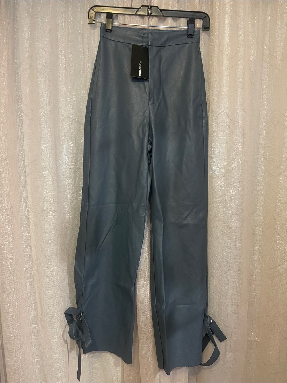 Wide-Leg Faux Leather Pants with Ankle Tie - Slate Blue Non Functional Pockets